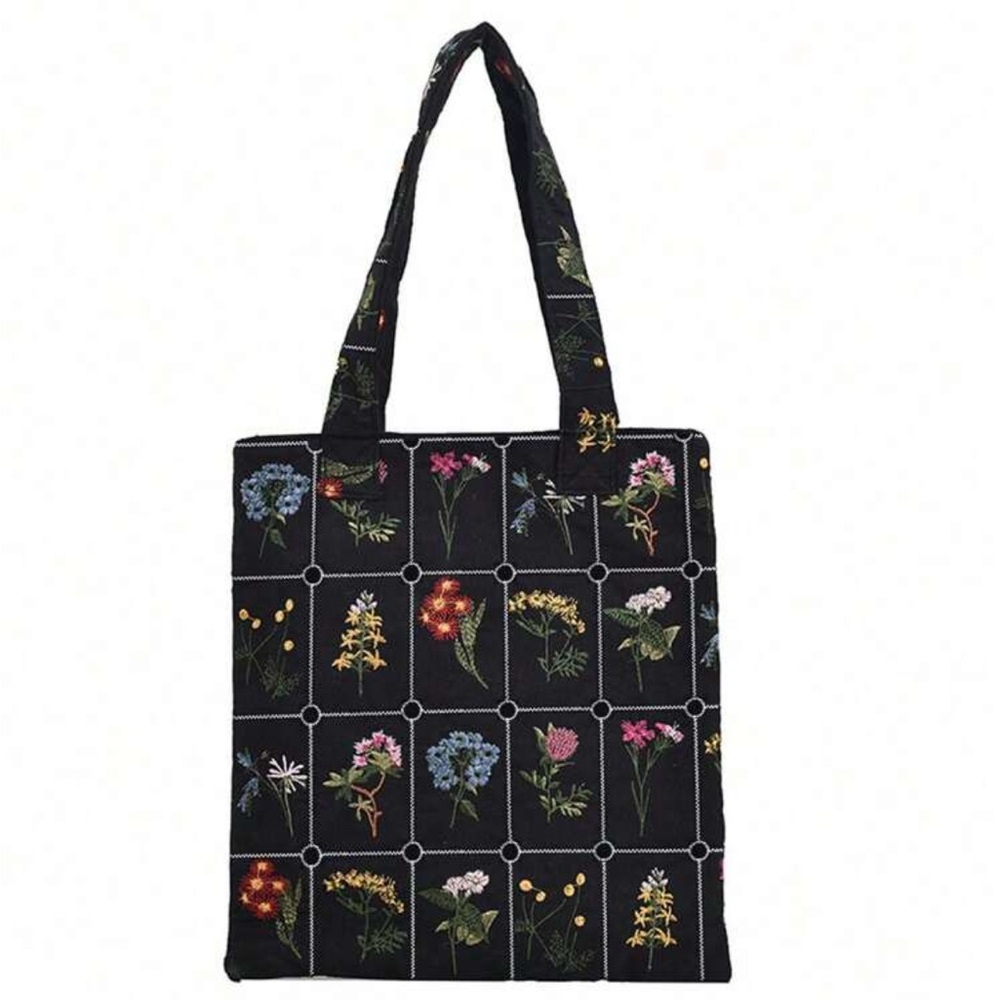 Floral Embroidered Black Tote Bag - Picture 8 of 10